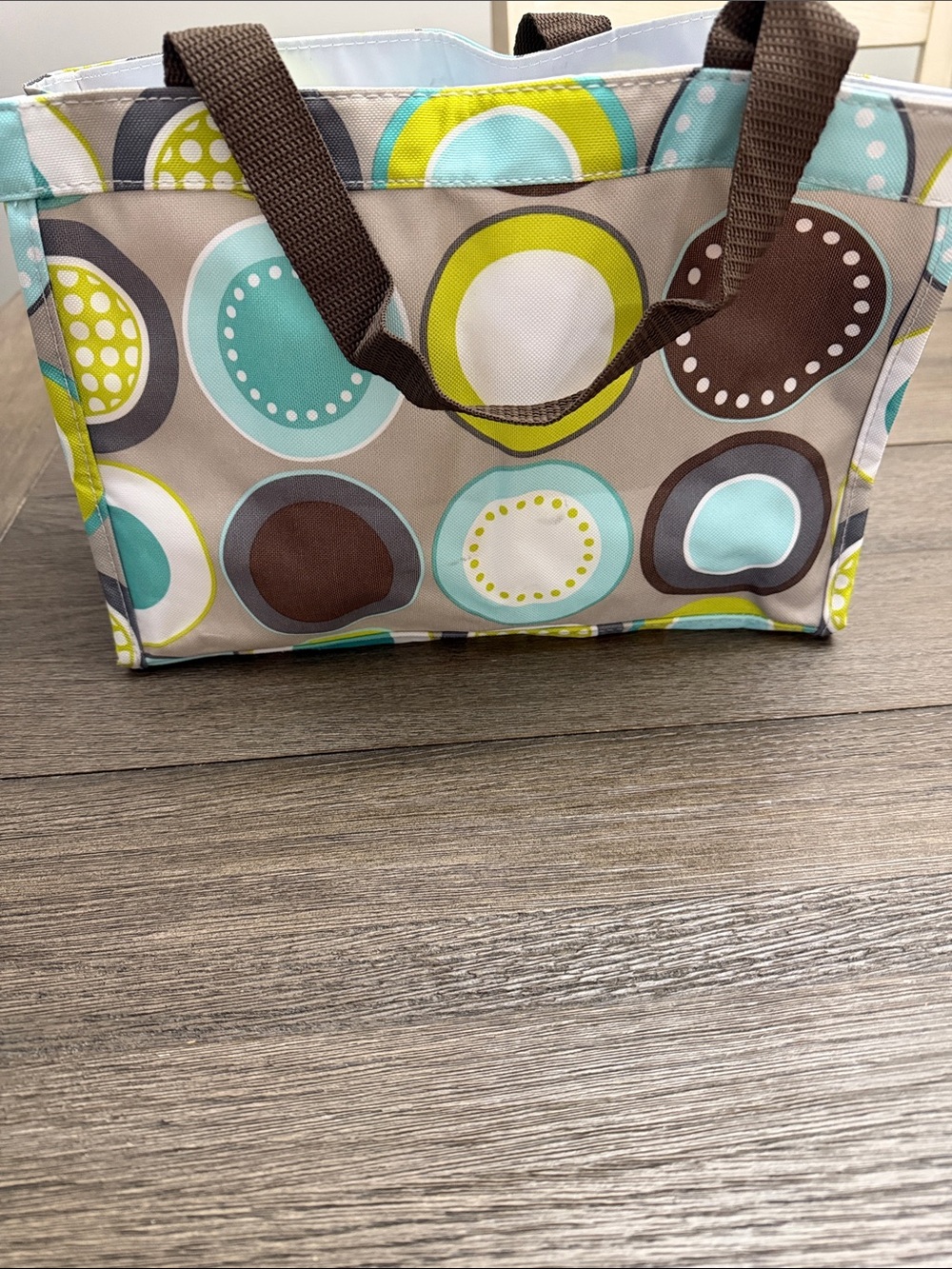 Thirty-one Patterned Circle Tote Bag in Brown, Teal & Lime